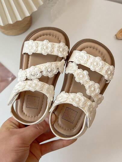 2026 New Girls Lace Flower Decor Sandals, Comfortable Material, Non-Slip And Durable, Open Toe Design, Multi-Strap Flat, Fresh And Elegant Style, Suitable For Summer Outings, Daily Wear And School
