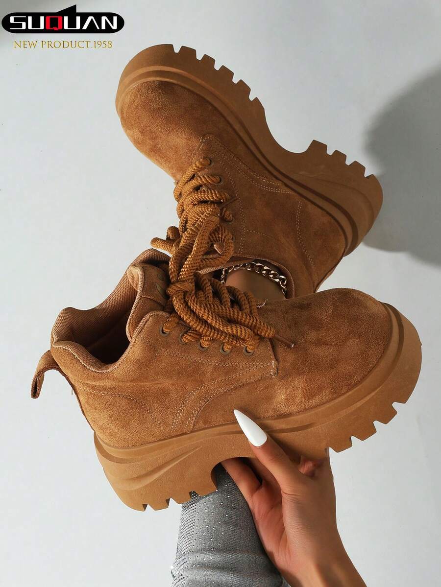 2026春秋新款女士复古厚底靴，前系带增高锯齿鞋底，英伦风踝靴，百搭显瘦增高，四季通勤鞋 - 焦糖色 - 查看 1