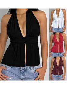Womens Open Back Halter Tops Summer Fashionable Solid Color Split Front Going Out Vest - Black - View 6
