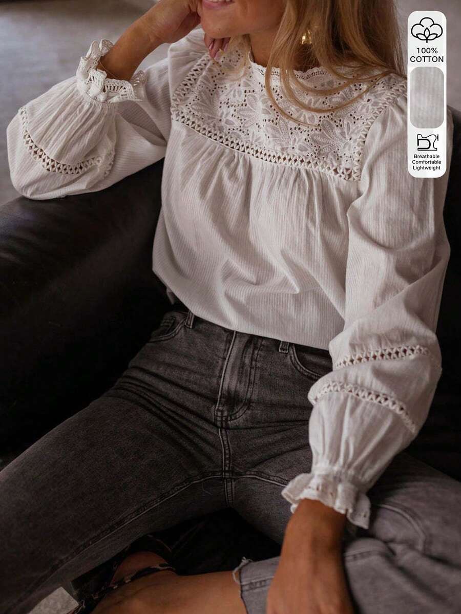 白色100%纯棉女士衬衫，适合办公室、休闲外出、秋季时尚、返校季、乡村音乐节、复古衬衫等场合。 - 白色 - 查看 1