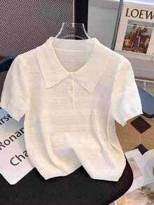 女士透气镂空 Polo 领针织上衣，夏季 - 白色 - 查看 1