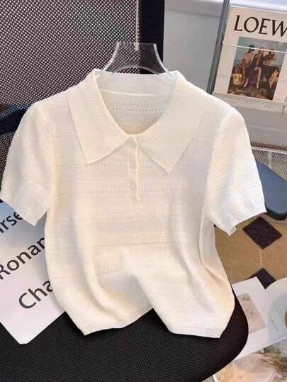 女士透气镂空 Polo 领针织上衣，夏季