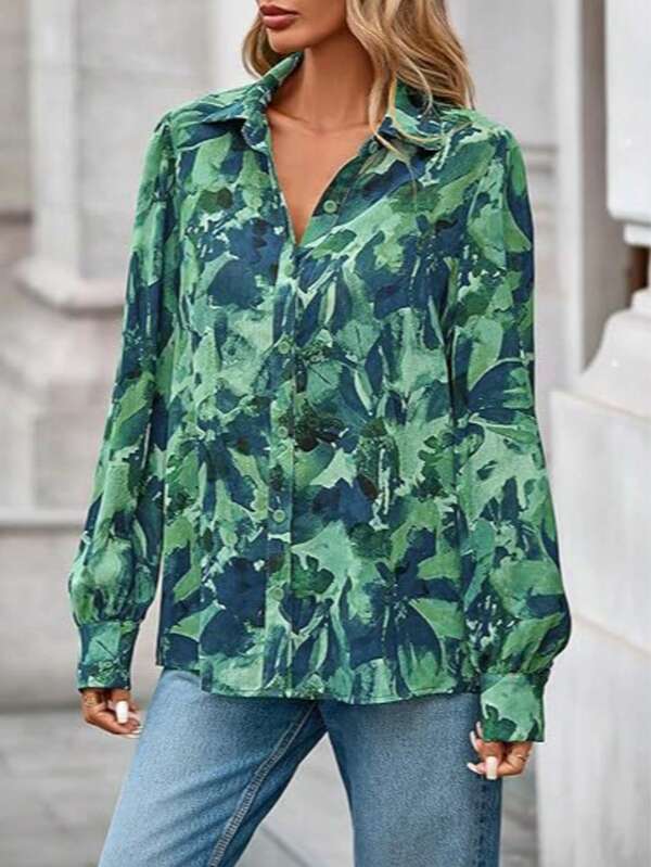 Women's Floral Print Button-Down Lantern Sleeve Bohemian Blouse