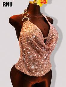 RNU Áo Camisole dáng rộng thanh lịch dành cho nữ cỡ lớn, chất liệu vải dệt kim tuyến lấp lánh, đính kim loại, cổ khoen, thiết kế hở lưng, đa năng cho tiệc tùng, đi chơi đêm, năm mới, ngày Valentine, lễ hội âm nhạc, kỳ nghỉ, món đồ thời trang, áo crop top dây đeo cổ thường ngày, áo kiểu lấp lánh, áo màu hồng, trang phục ngày lễ, trang phục xuân/hè, trang phục lễ hội 2026, trang phục đi biển, trang phục ngày lễ dành cho nữ, bãi biển, bộ trang phục ngày lễ dành cho nữ - Rượu sâm banh - Xem 2