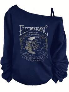 Christmas Outfit Women - Black Off - The - Shoulder Sweatshirt With Long Sleeves, Loose - Fitting, Fleetwood  Graphic Design & Text On Back (Stylized Serif Font 'FLEETWOOD ', 'UNDER THE SALON...', 'WE RACKED THE WILD IN THE ROOM', 'THE BLACK ROSES THAT I INK', 'SISTER OF THE MOON', Moon & Swirling Elements In Circular Graphic, Tree Roots/Branches Frame, Dark Gothic Aesthetic With White/Light Gray Text On Black)- Winter Clothes For Women, New Years Outfit Women, Vacation Outfits Women, Christmas Outfit Women Plus Size - 藏蓝色 - 查看 7