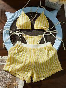 3pcs Women's Elegant Bikini Set, Contrast Color Hollow Mesh Fabric With Shorts, Suitable For Beach Vacation And Pool Party Summer - Yellow - View 5