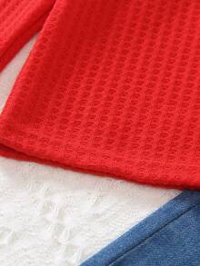 2 Pieces Young Girls Outfit: Cute Cherry Embroidered Long Sleeve Top And Casual Blue Straight Leg Jeans Pants Set, Spring/Autumn/Winter - Red - View 5