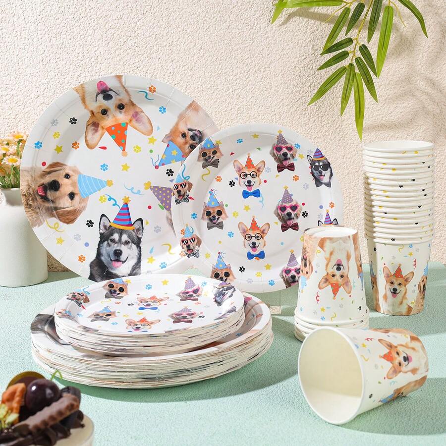 Dog Themed Disposable Tableware Set, Includes 7/9 Inch Paper Plates And Paper Cups, Suitable For Birthday Parties, Festivals, Gatherings, Picnics, Celebrations, Wedding Tea Parties, Graduation Ceremonies, Disposable Party Supplies