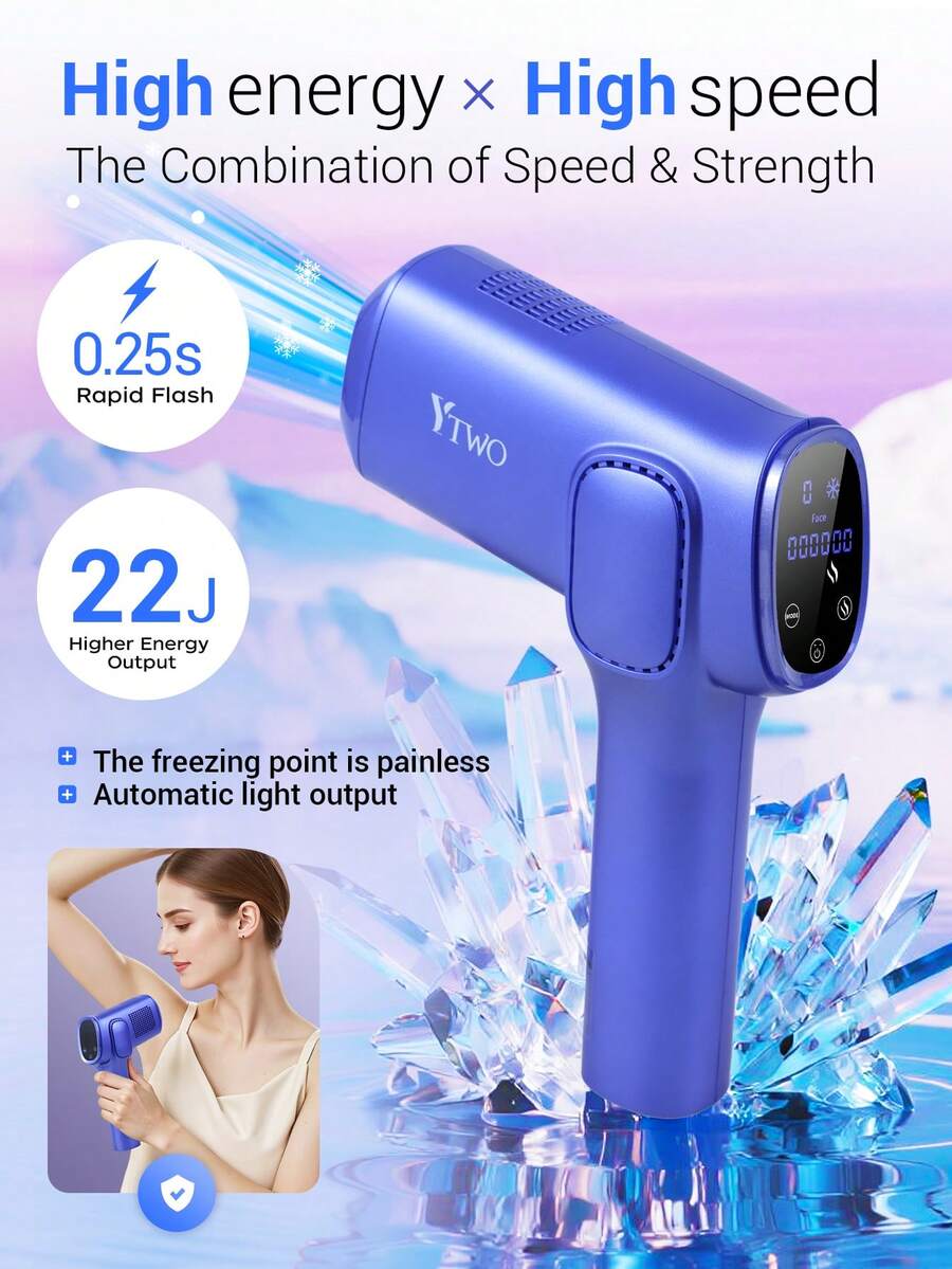YTWO 2026 Flashlight Laser Hair Removal Device, 22J High Energy Hair Removal, Painless Ice Point Hair Removal, 0.25s Fast Flashing, IGBT Fast Flashing Hair Removal Device, Skin Detection Function, Unlimited Flashes, 9 Energy Levels, LCD Display, Localized Hair Removal Setting, Includes 1 Bikini Area Attachment, Valentine's Day Gift - Blue - View 1