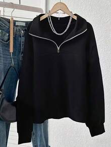 Women's Loose Split Zip-Up Hoodie, Fleece-Lined Casual Sport Sweatshirt With Half-Zip & Turn-Collar, Graduation/Teacher/Back To School Pullover For Spring/Autumn, Women Curve Essential, Christmas Long Sleeve Top & Valentine/New Years Outfit, Holiday Gift - màu đen - Xem 2