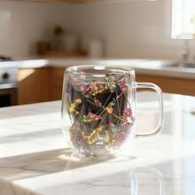 1/2/4pcs Double-Layer Glass Coffee Mugs With Handles, Floral Infuser Glass Cups, Reusable, Insulated, For Coffee, Milk Tea, Cold/Hot Drinks, Cappuccino, Tea Bags. Unique Birthday, Christmas Gifts.