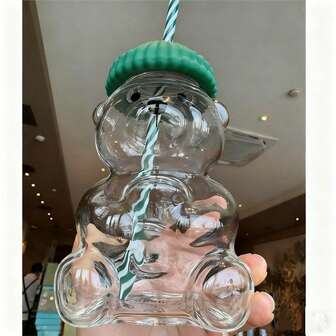 Green Hat Teddy Bear Cold Drink Cup, Fashionable Hot Drink Cup, Easy To Carry, Fashionable Hot Selling Cold Drink Cup, Essential For Home Travel, Car Straw Cold Drink Cup, Milk Tea Cup