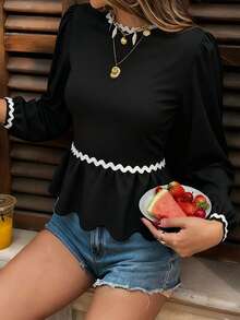 Women Bow Tie Back Tops Contrast Ric Rac Long Sleeve Ruffle Hem Crewneck Shirts For Fall Spring - Black - View 2