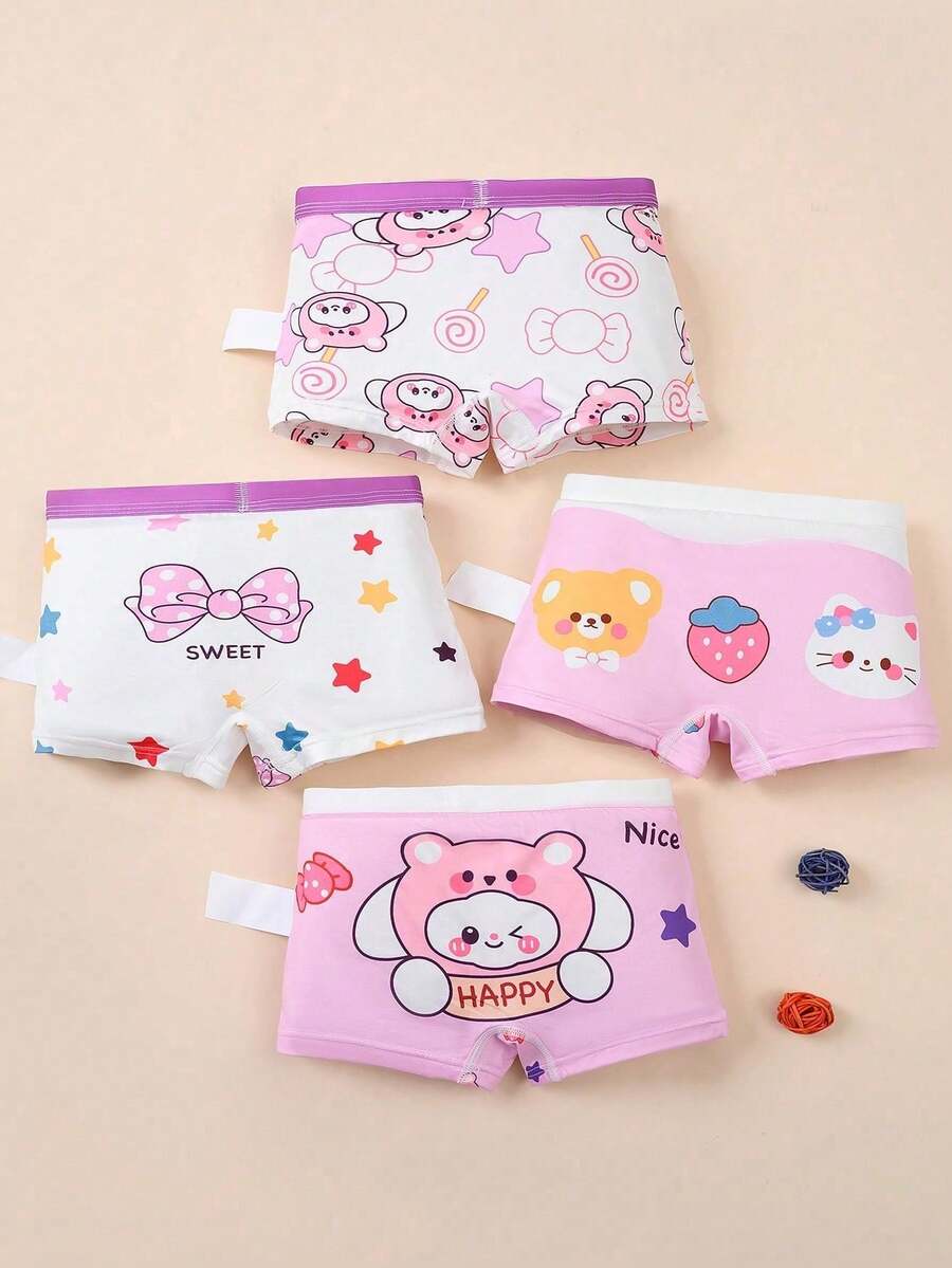4pcs/Pack Girls' Cute Bow, Star, Kitty Cartoon Pattern Briefs, Comfortable For All Seasons - Multicolor - View 1