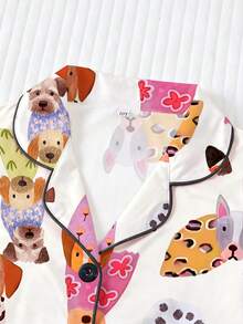 2pcs Tween Girl Pajama Set, Cute Colorful Dog Print Design, Loose Fit Short Sleeve Shorts, Casual Outfit With Turndown Collar Cardigan, Suitable For Boys And Girls, Everyday Wear, Sleepovers, Holidays - White - View 4