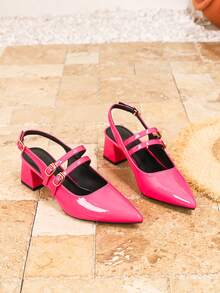 2025 New Elegant Women's High Heel Shoes, Thick Heel Comfortable Strap Mary Jane Pointed Toe Mule Sandals, Apricot - Hot Pink - View 4