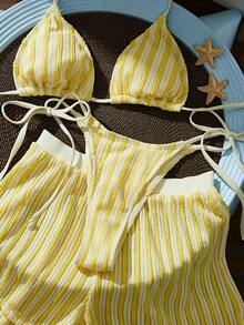 3pcs Women's Elegant Bikini Set, Contrast Color Hollow Mesh Fabric With Shorts, Suitable For Beach Vacation And Pool Party Summer - Yellow - View 6