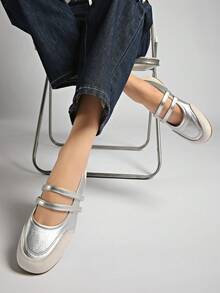 新款春秋季英伦风低帮芭蕾平底系带休闲玛丽珍鞋 - 銀色 - 查看 5