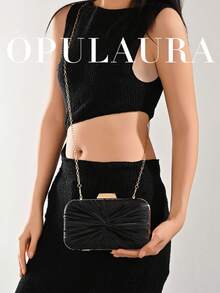 OpulAura 1件装复古优雅缎面手拿包，褶皱扭结设计，时尚晚礼服包，魅力精致的正式派对手提包，奢华盒式小包，适合派对/婚礼/正式场合晚宴，配有链条肩带，可肩背或斜挎 - 黑色 - 查看 9