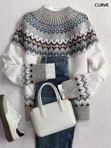 女士大码秋冬时尚舒适几何费尔岛图案圆领长袖针织宽松套头衫，适合秋季、冬季穿着，可作上衣、工作/办公室、商务休闲装。 - 彩色 - 查看 4