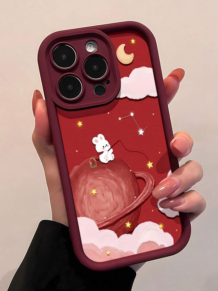 Estuche para teléfono Bunny Starry Night Fishing Compatible con estuches para teléfonos   17  16 Pro Max  15 Pro Max  13 y  12 Hecho de material TPU a prueba de caídas, resistente al desgaste y cómodo de sostener Un gran regalo para familiares, amigos, seres queridos, novios/novias y para Navidad - Vino tinto - Ver 1
