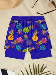 Pantalones cortos de playa de doble capa suaves con cintura elástica y cordón, con estampado de patrones coloridos para hombres - azul real - Ver 3