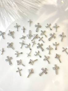 TSZS 50pcs Assorted Punk Cross Nail Art Decorations, Y2K Gothic Style Alloy Nail Art Accessories, Random Mix Nails - Grey - View 3