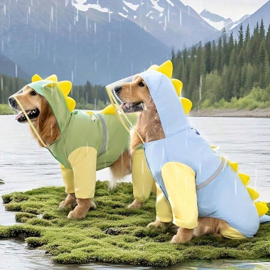 大/中型金毛寻回犬3D恐龙图案带尾巴雨衣，全腿宠物狗雨衣 - 彩色 - 查看 1