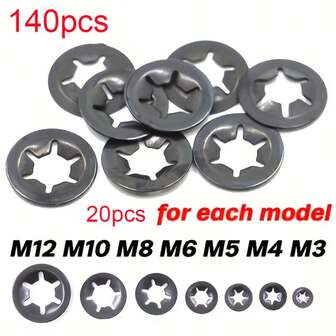 140pcs M3-M12 Push-In Locking Washers, Star Washers, Bearing Clips, Retaining Rings, Fastener Assortment Kit
