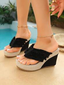 女士时尚黑色、红色、灰色、浅黄色坡跟凉鞋，防水厚底轻便软底套脚高跟穆勒鞋，撞色露趾拖鞋，新款渔夫凉鞋，尺码偏小一码 - 黑色 - 查看 4