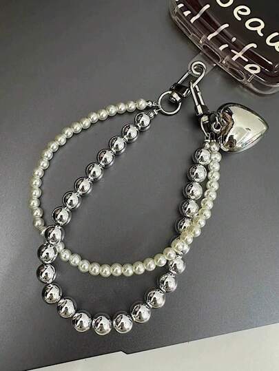 1pc Metallic Bead Lanyard With 3D Heart Pendant, Street Style Dual Chain Phone Strap