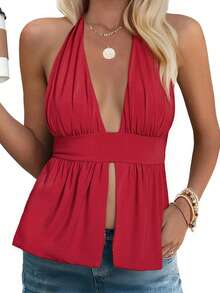 Womens Open Back Halter Tops Summer Fashionable Solid Color Split Front Going Out Vest - Red - View 3