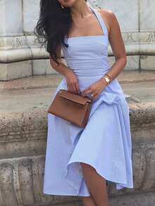 Women's Blue & White Striped Halter Midi Dress | Square Neck Sleeveless Flared Dress For Vacation & Brunch - Blue - View 7
