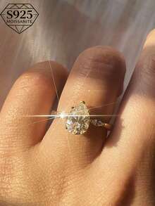 1枚2克拉梨形莫桑石戒指，S925低敏纯银材质，优雅法式精致珠宝，订婚/结婚周年纪念礼物，感恩节/圣诞节礼物，附赠精美礼盒 - 金色 - 查看 7