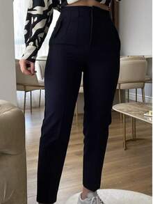 Pantalón Pinza  Liso    Elegante  Casual    Tela    Cremallera  Bolsillo    Pinza   Formal y de noche - Negro - Ver 2