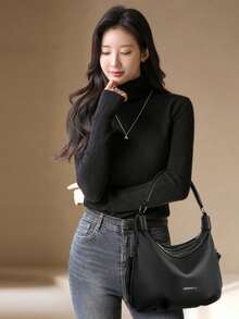 2026 New Black PU Leather One Shoulder Bag, Women's Multi-Zipper Crossbody Bag, Fashion Handbag - Black - View 5