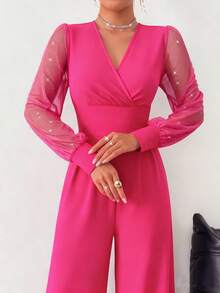 Elegant Women's Jumpsuit, Sophisticated Black V-Neck Long Sleeve, Straight Leg Design, Sheer Mesh Panels, Rivet Decor, Machine Washable, Showcasing A Refined Style - Hot Pink - View 4