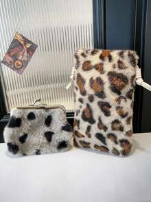 Women's Plush Faux Fur Leopard Print Crossbody Bag And Plush Leopard Print Coin Purse Set,Fashion Coin Purse,Leopard Print Fashion Minimalist Shoulder Bag, Magnetic Snap Closure Phone Pouch With Polyester Lining & Edge Paint Detail, Lightweight Compact Mobile Phone Bag - Multicolor - View 6