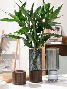 1pc Luxury Wooden & Glass Flower Vase Decor, Living Room Decoration Vase For Hydroponic Lucky Bamboo, Large Diameter Transparent Glass Flower Vase For Fresh Flowers - Multicolor - View 10