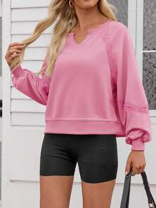 Women's Fall Oversized Sweatshirt V Neck Lace Lantern Long Sleeve Y2K Cropped Pullover Tops - Hồng - Xem 3
