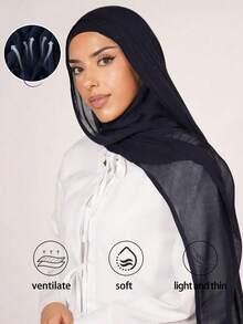 1pc Women's Solid Color Viscose Headscarf, Soft Wide-Edged Headband, Versatile Sun Protection Hijab Scarf, Suitable For Daily Wear - Navy Blue - View 3