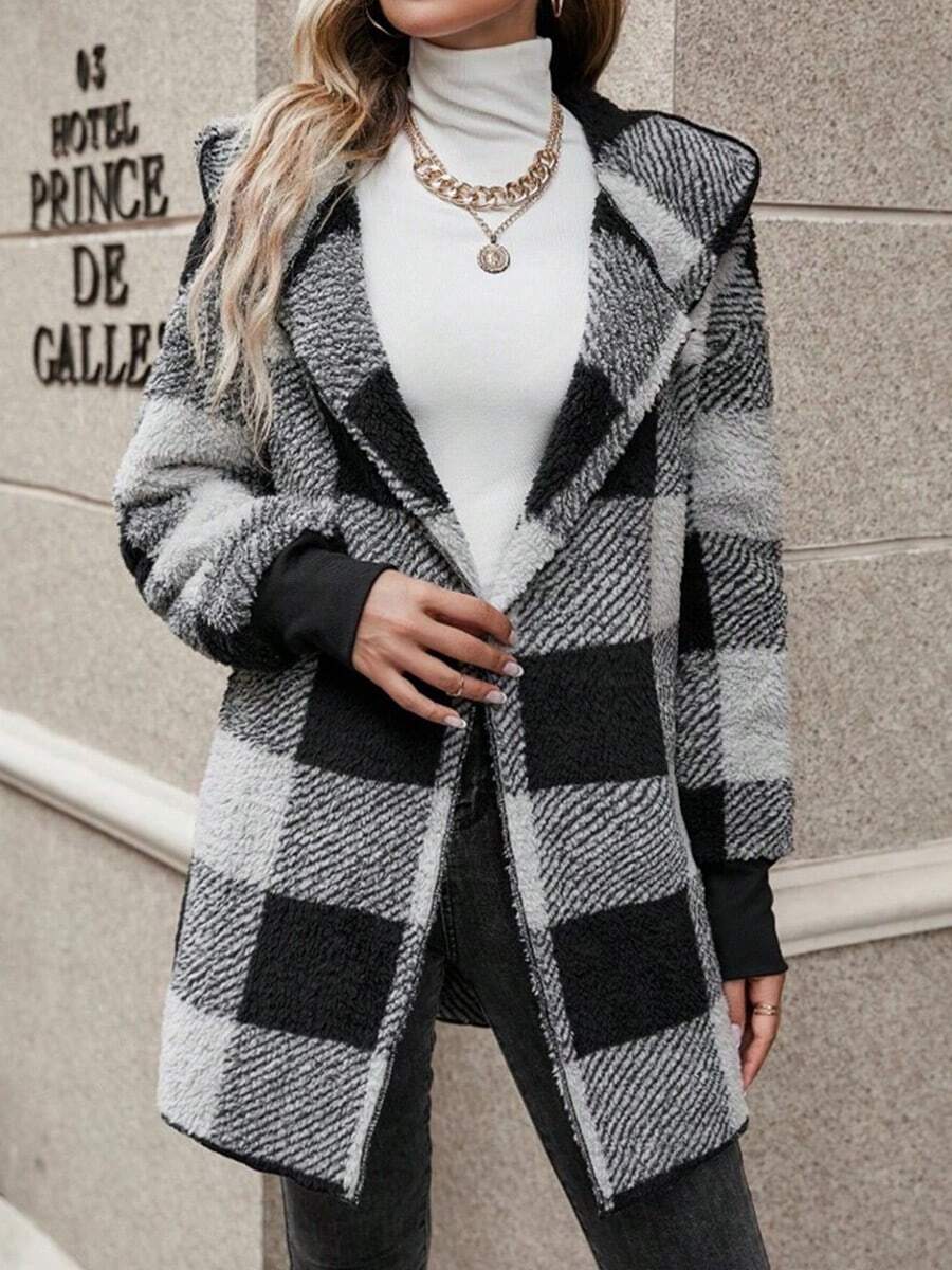 Plaid Color Block Cardigan Moda Suéter Mujeres Cárdigan oversize de estilo europeo y americano con estampado de cuadros en bloques de color y ribete de piel Prenda de punto de moda para mujer Cárdigan de lana con capucha, solapas grandes y estampado de cuadros en bloques de color Estilo informal y holgado Silueta cálida y favorecedora - Gris Oscuro - Ver 1