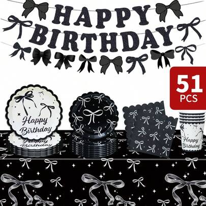 Black Bow Birthday Party Disposable Plates, Napkins, Cups, Tablecloth And Banner Set, Party Supplies Set For 8 Guests, Suitable For Birthday, Wedding, Theme Party, Family Picnic