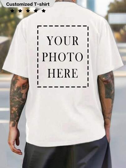 Customized Personalized Boyfriend Style Men's Casual Loose Crew Neck T-Shirt - Add Your Own Photo (Family, Selfie, Pet, Friend, Couple, Girlfriend), Gift/Holiday/Festival Fashion, Streetwear, Casual, Minimalist Personalized, Customized, Unique Men's Clothing, Spring/Summer/Autumn, Capsule Wardrobe, Men's Basics/Streetwear, Ideal Gift For Him