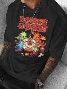 Fashion TrendPure Cotton Suitable For All Seasons Men's Outdoor Style Casual Short Sleeve T-Shirt With Little Dragon Cozy Wooden House Pattern And Letter Print Daily Leisure Wear, Loose And Comfortable - 黑色 - 查看 12