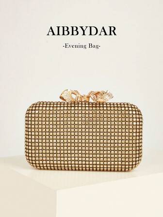 AIBBYDAR Women's Evening Bag, Gold Color, Elegant, Luxurious, Faux Crystal Rhinestone, Butterfly Clasp, Box-Shaped, Suitable For Evening Gowns, Portable Cosmetic Bag, Detachable Shoulder Strap, Suitable For Balls, Parties, Festivals, Weddings