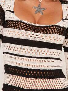 1pc Knitted Hollow Out Contrast Color Beach Cover Up, Suitable For Summer Vacation Beach Wear, Long Sleeve Sun Protection Cover Up Dress - Black and White - View 6