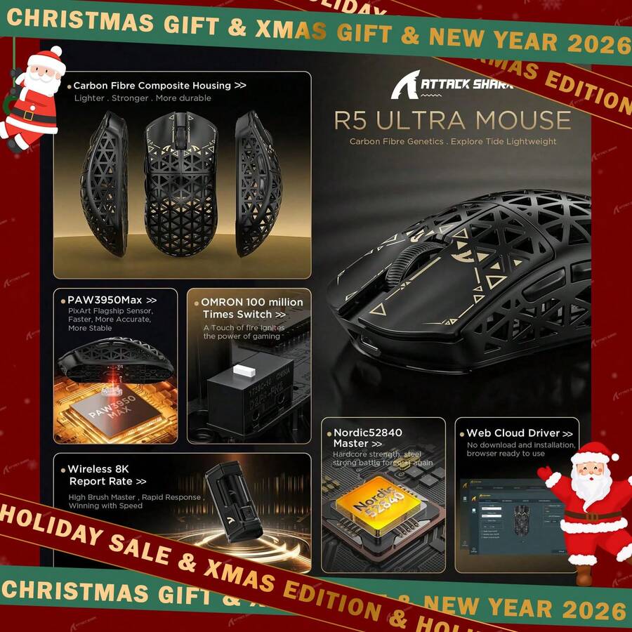 ATTACK SHARK R5 Ultra Wireless Gaming Mouse,39g Superlight Carbon Fiber Hollowed-Out,PAW3950MAX Optical Sensor Nordic 52840 MCU 8K Polling 42K DPI,Tri-Mode Programmable Mice With Coiled Cable - Multicolor - View 1