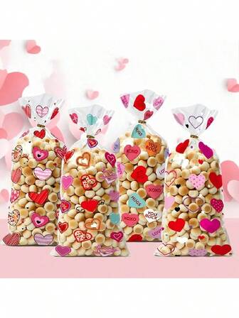 50pcs Heart Pattern OPP Flat Bags, Gift Packaging Bags, Wedding Candy Bags, Valentine's Day Decoration Bags