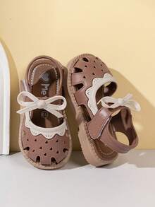 1 Pair Girls Hollow Out Hook And Loop Bow Sandals, Cute Fashion Princess Toddler Walking Shoes, Suitable For Summer - Brown - View 6